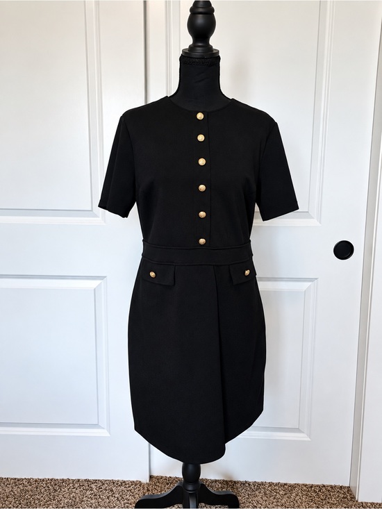 Grecerelle Dresses & Skirts - Black Short-Sleeve Mini Dress with Gold Button Detailing